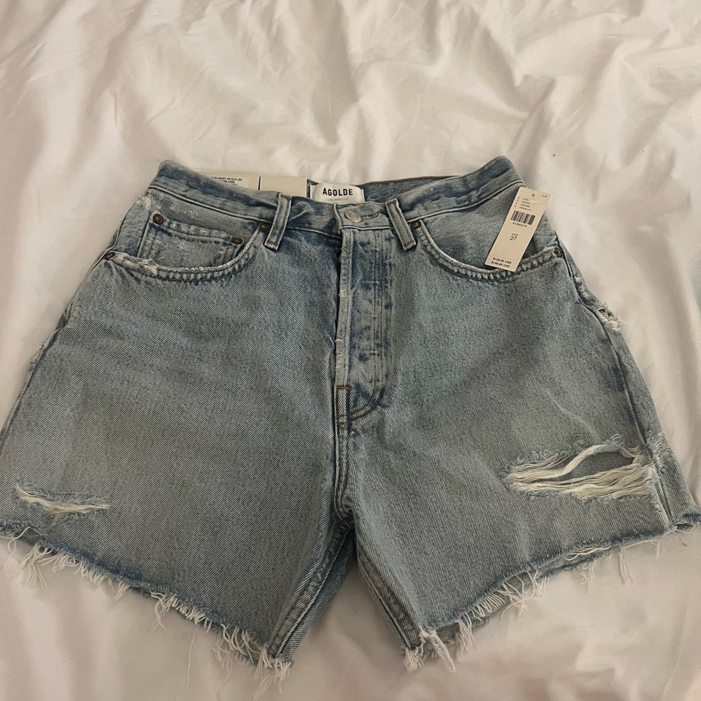 Agolde Light Blue Distressed Denim Shorts